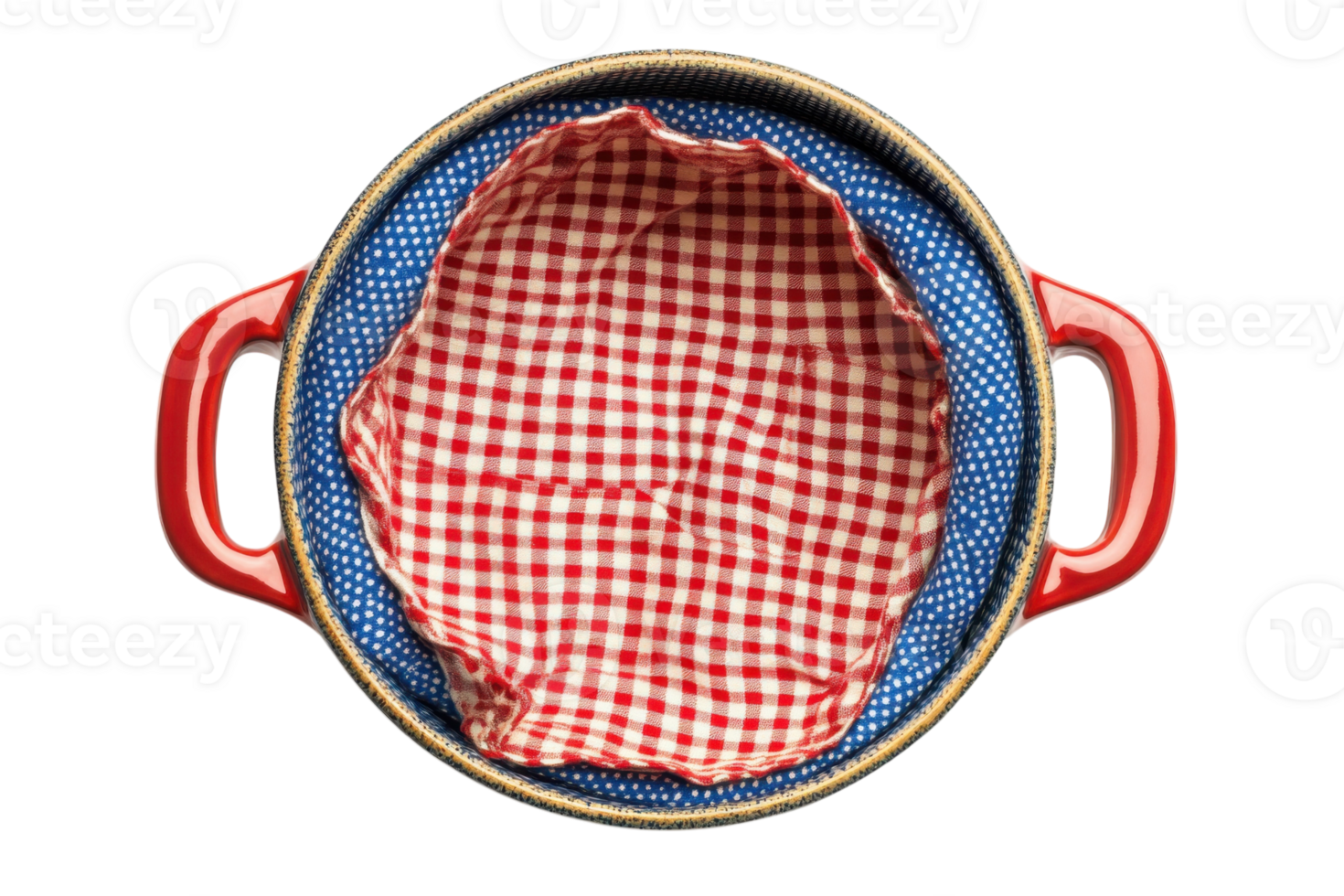 Red and blue checked basket lined with a fabric cover placed on a white background perfect for serving snacks png