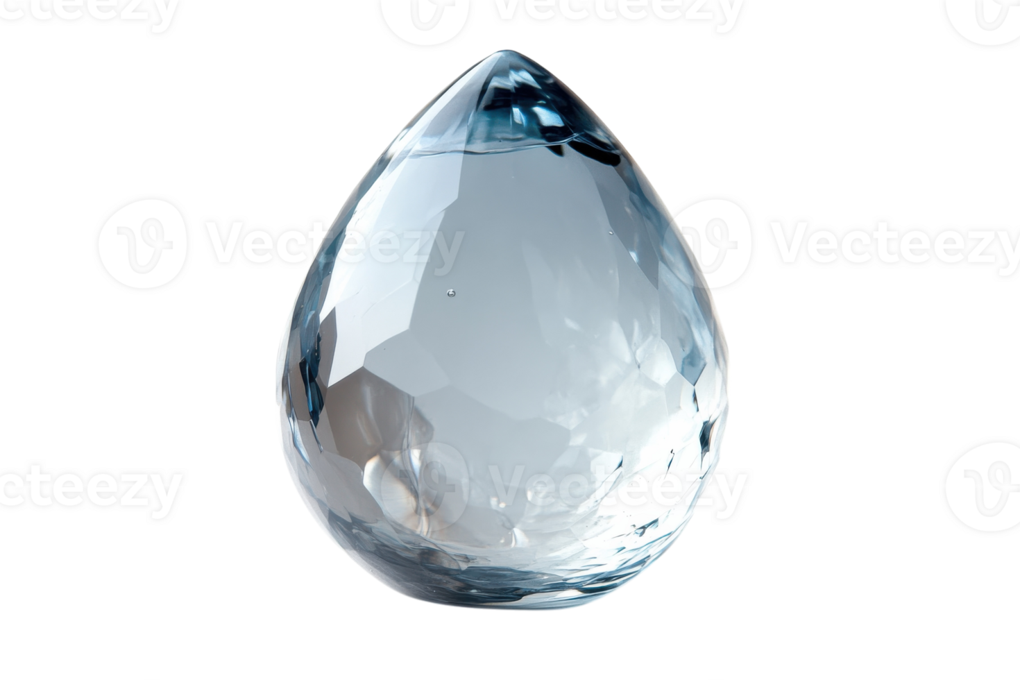 Clear crystal teardrop shaped object reflecting light in a bright, minimalistic setting png