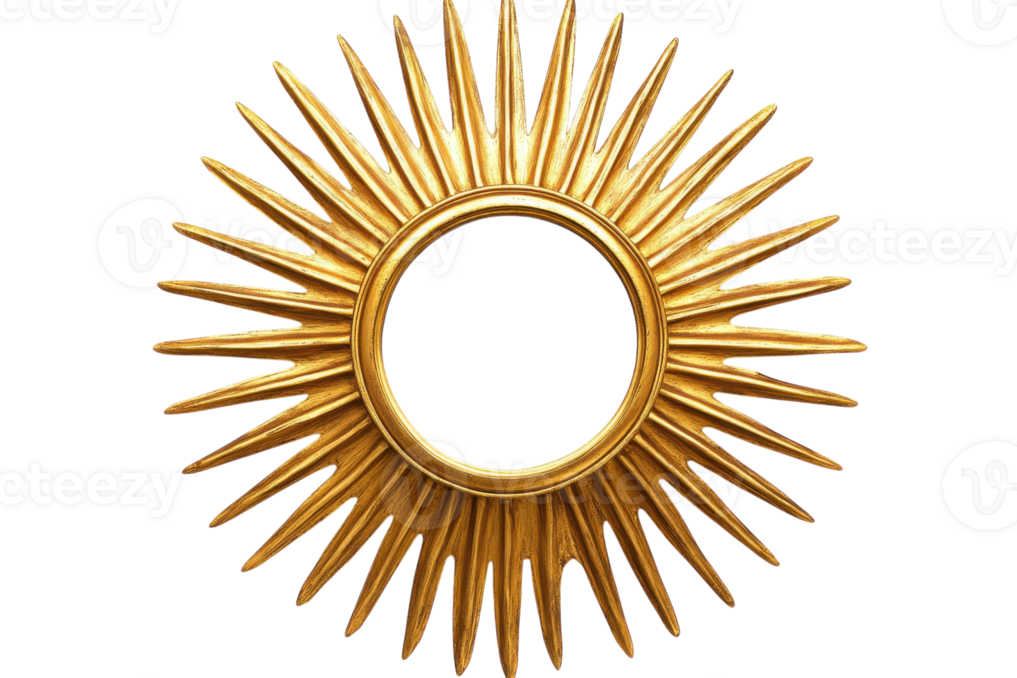 Decorative sunburst mirror with golden rays displayed against a white wall png