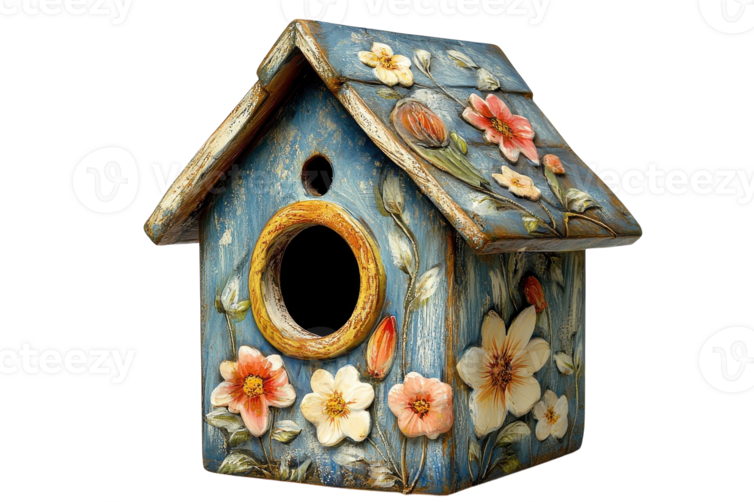 Decorative birdhouse with floral patterns crafted from wood and painted in vibrant colors png