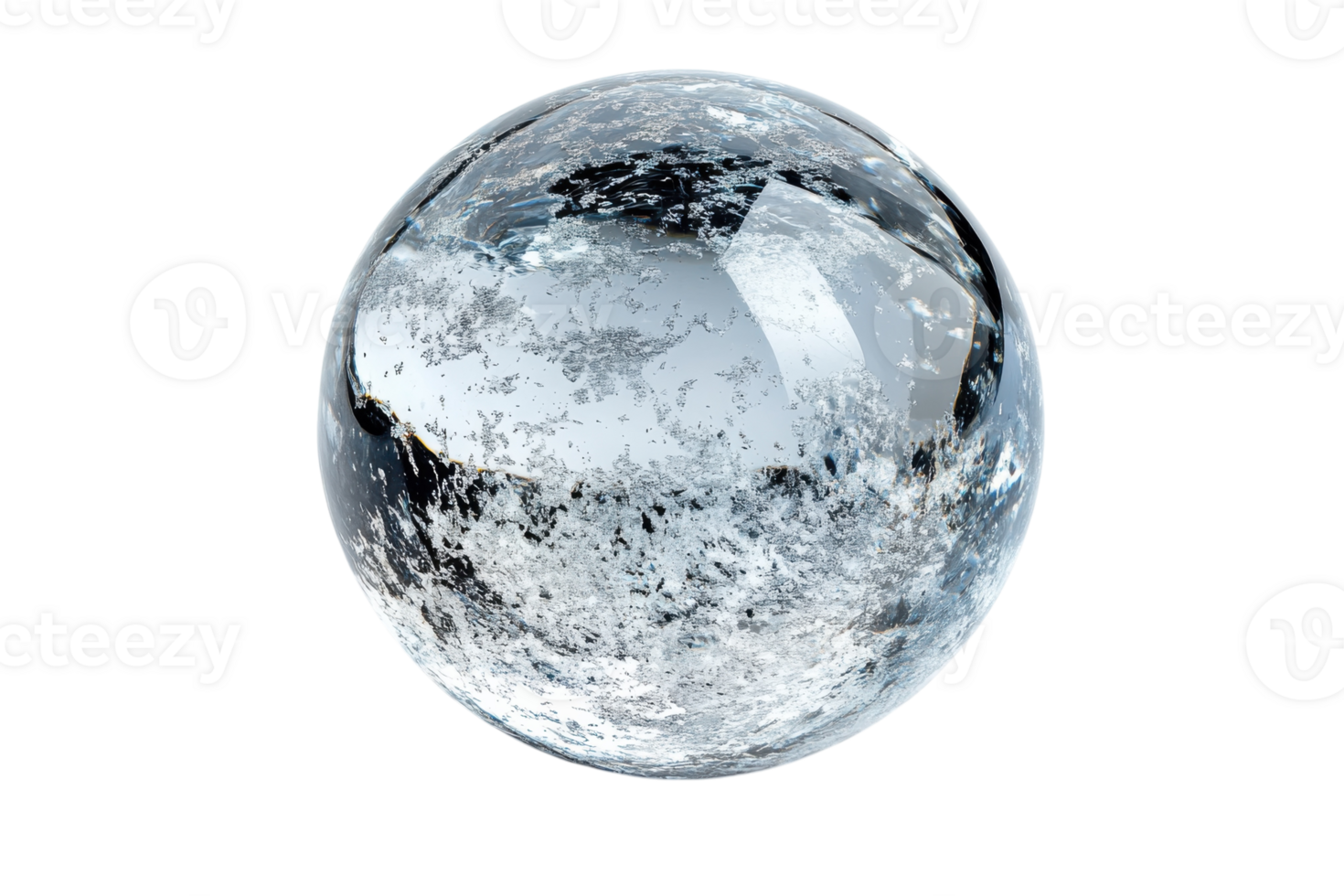 Unique clear crystal sphere with intricate icy patterns reflecting light in bright surroundings png
