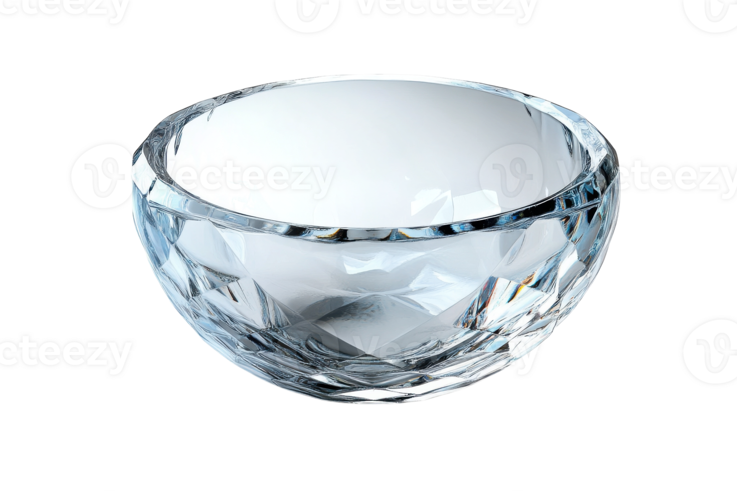 Crystal bowl with intricate facets reflecting light in a bright setting during the day png