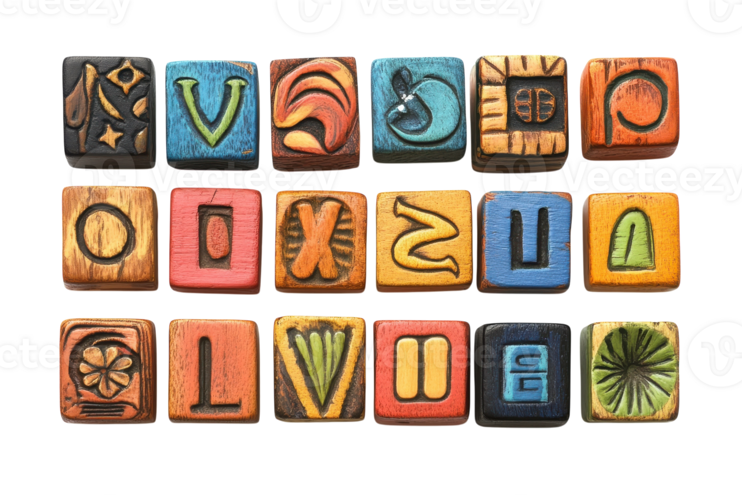 Colorful wooden blocks displaying various shapes and designs arranged on a white surface in an artistic pattern png