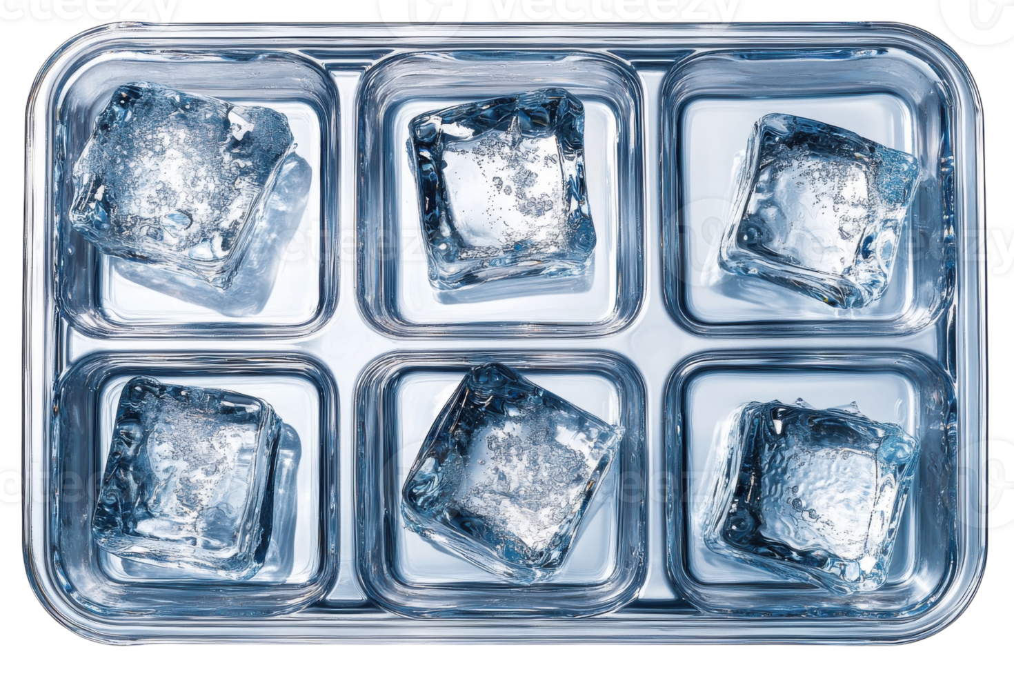 Freezing clear ice cubes in a tray ready for refreshing beverages in a home kitchen setting png