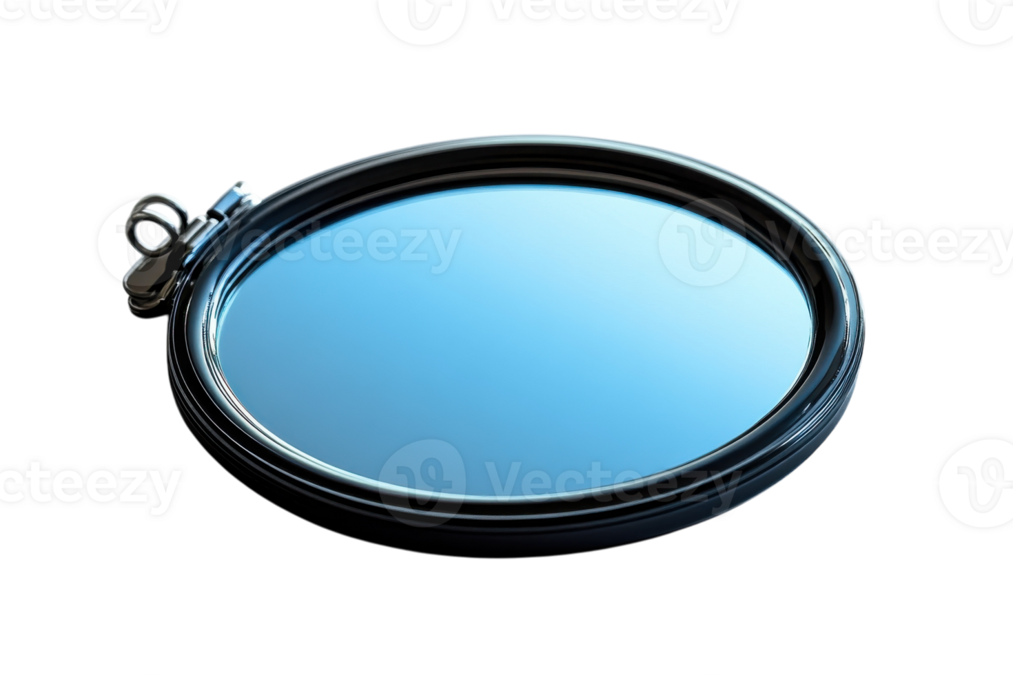 Reflective round mirror with a black frame resting on a smooth surface in natural light png