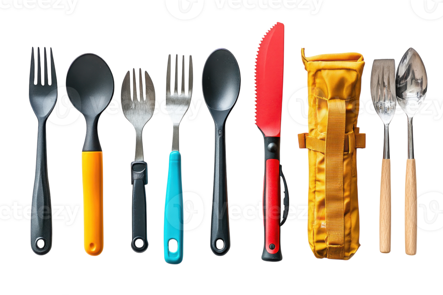 Variety of camping utensils displayed on a white background with a carrying pouch for outdoor dining convenience png