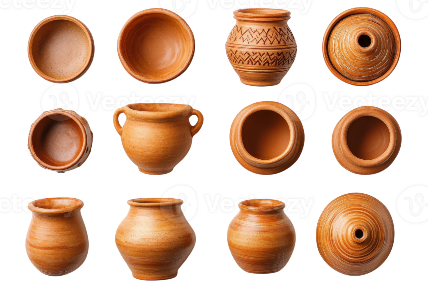Various handcrafted clay pots arranged on a neutral background showcasing traditional pottery styles png