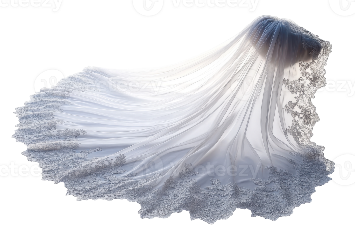 Elegant bridal veil with intricate lace detailing and flowing fabric in soft light against a white backdrop png