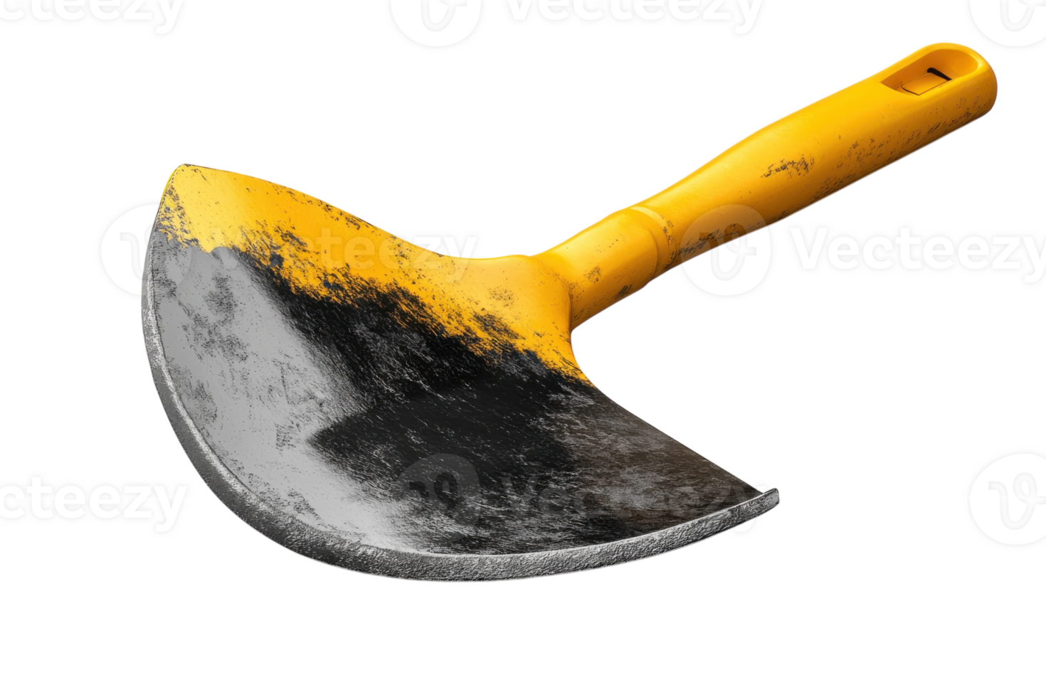 Garden tool used for weeding with a curved blade and yellow handle resting on a white background png