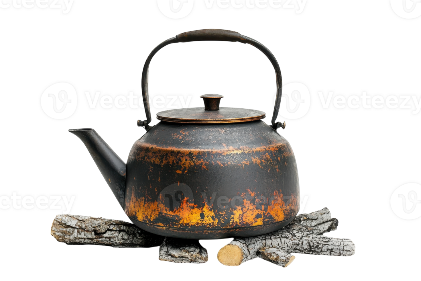 Vintage kettle rests on firewood showcasing rustic charm and timeless design png