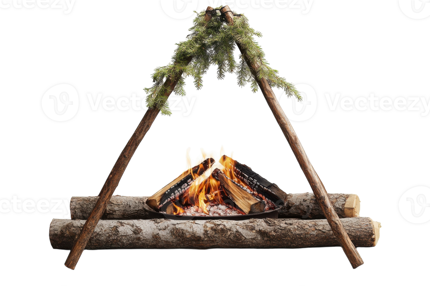 Cozy campfire setup with natural wood and greenery in a rustic outdoor setting png