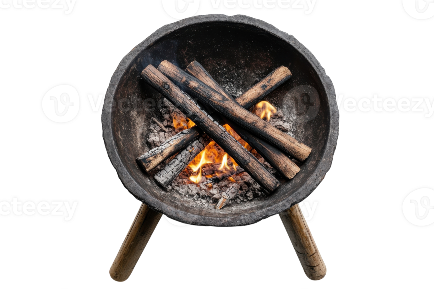 Fire burning in a round stone fire pit with wooden logs in a cozy outdoor setting during evening png