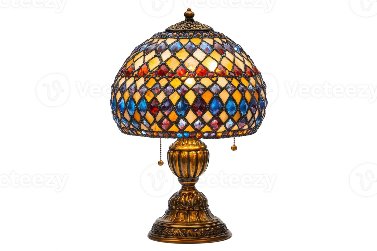 Colorful stained glass lamp with intricate design and antique base showcasing craftsmanship and elegance png