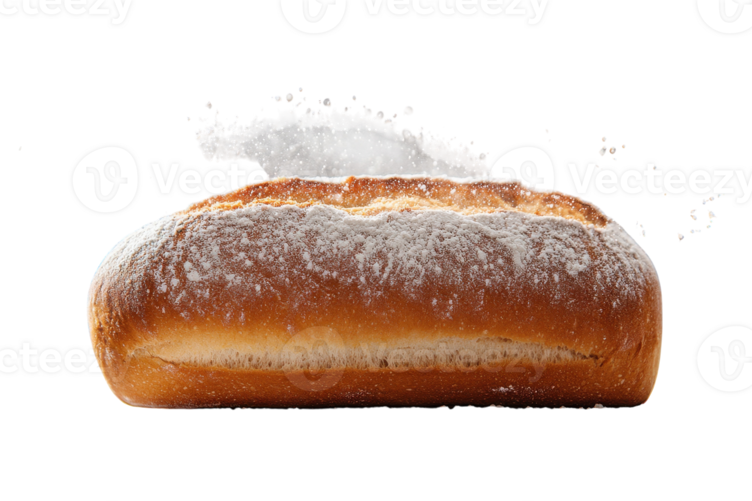 Freshly baked bread covered in flour with a sprinkle of powder in a bright kitchen setting png
