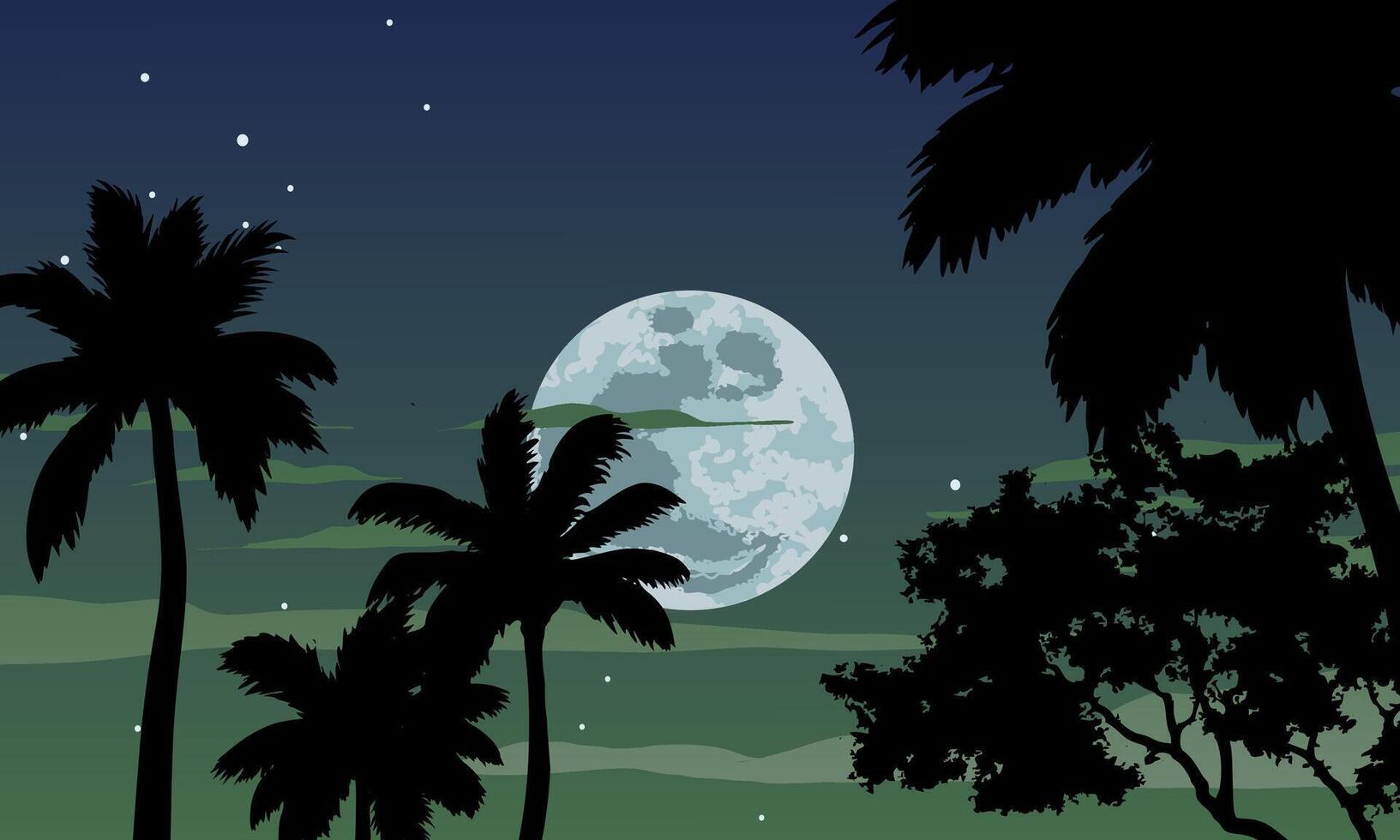 Tree tops night scenery. Full moon and stars vector