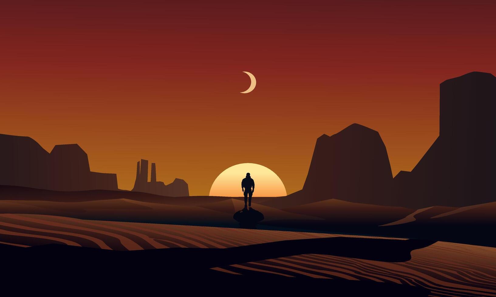 A man walking alone in desert sunset vector
