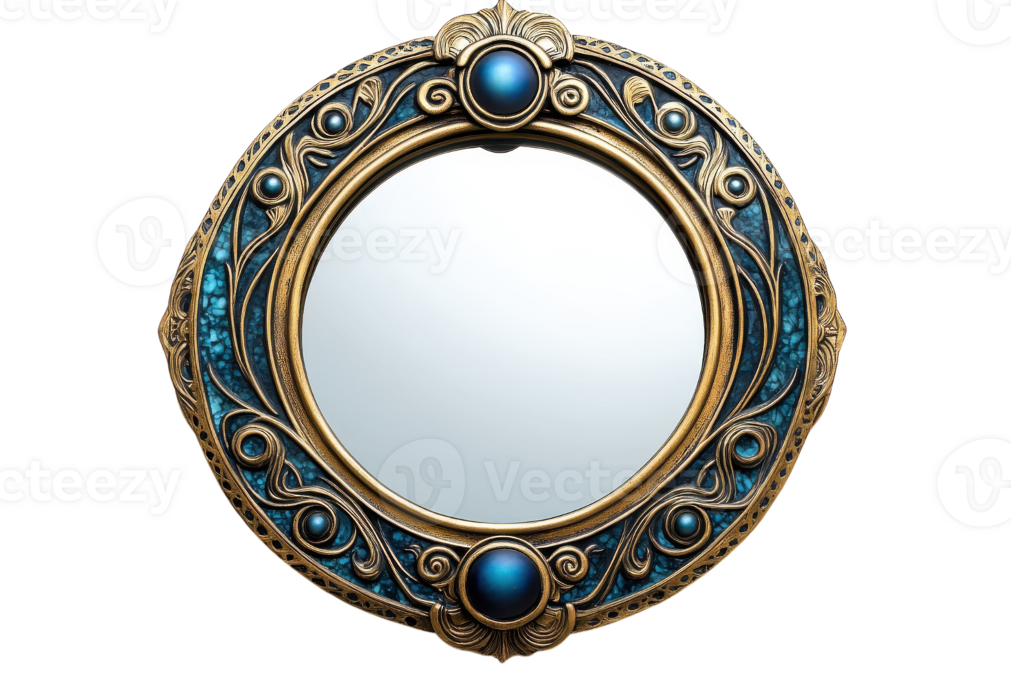 Elegant round mirror with intricate blue and gold detailing displayed against a white background png