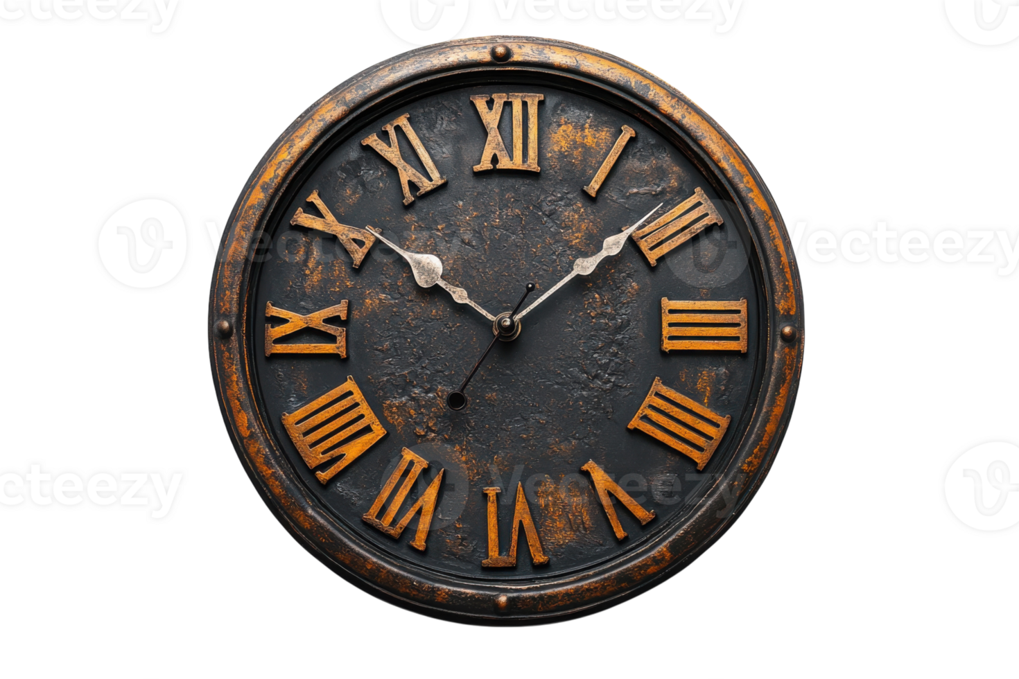 Vintage wall clock showcasing Roman numerals and a rustic design in a neutral setting png