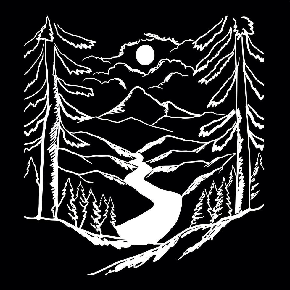 Doodle nature art with forest and river vector