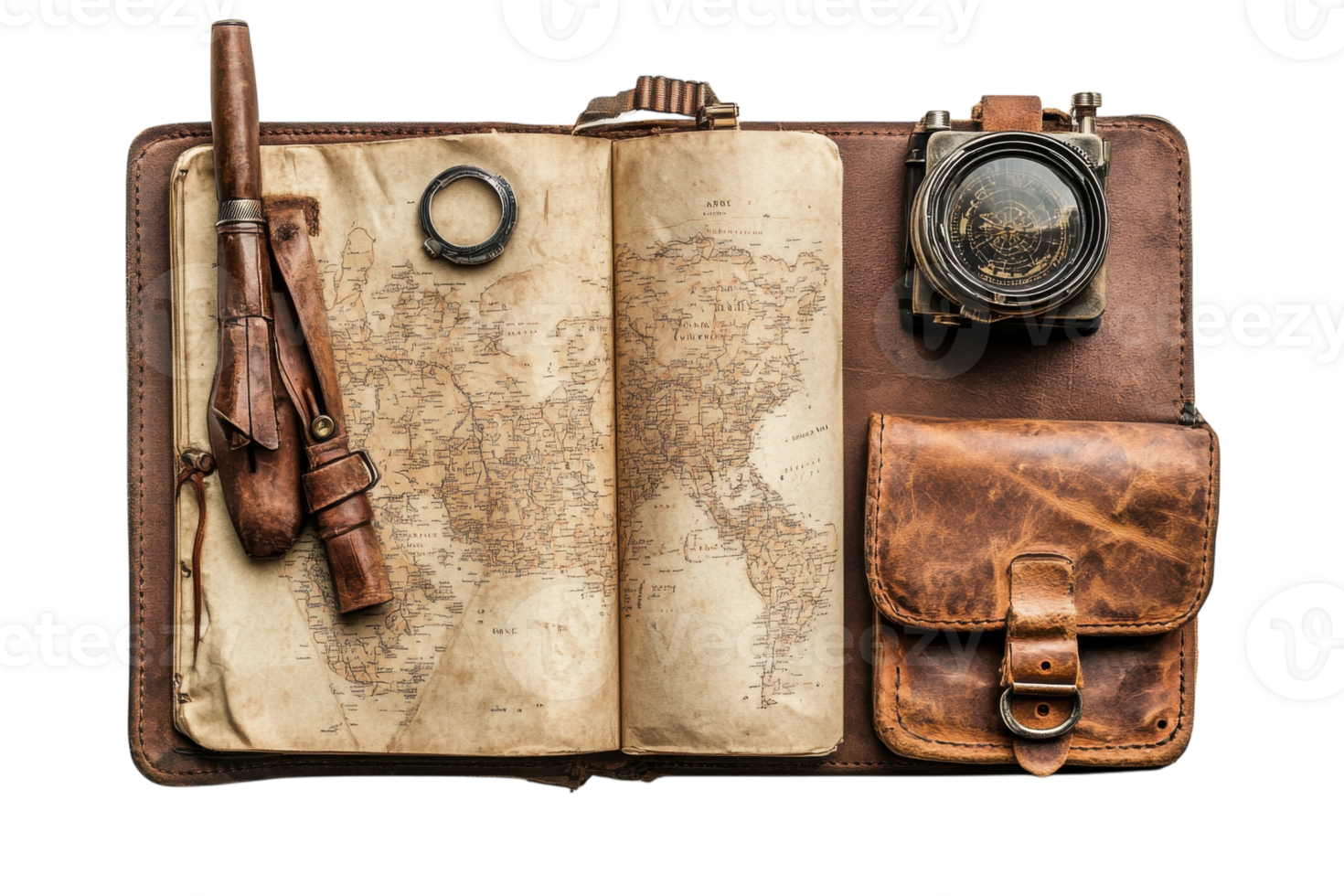 Journey through vintage exploration with a map, camera, and travel essentials laid out on a leather-bound notebook png