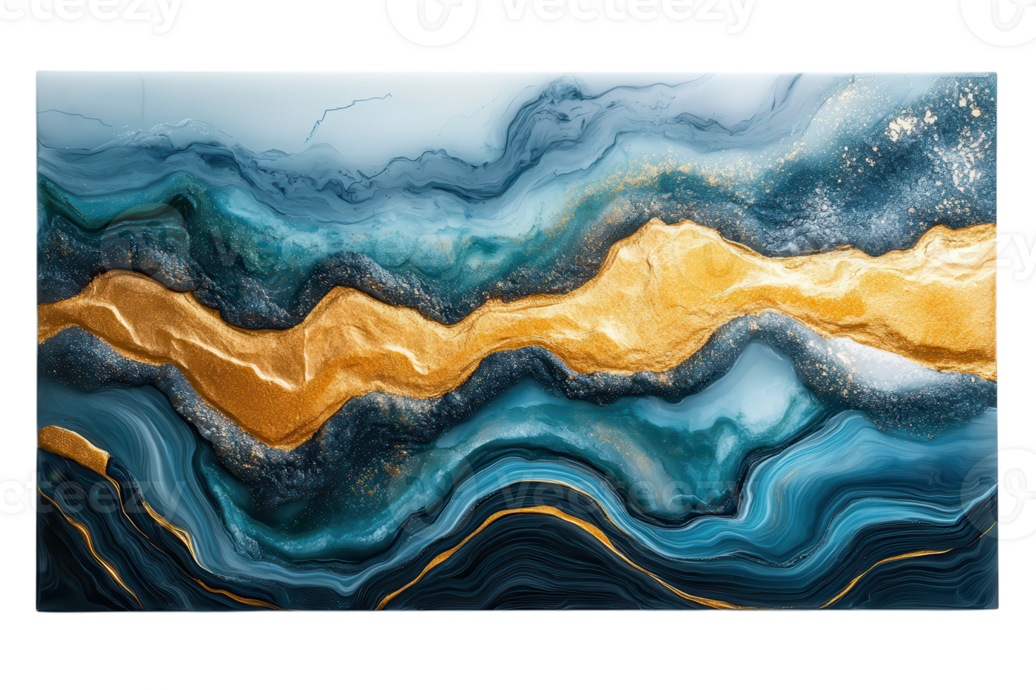 Abstract painting featuring blue and gold waves with dynamic textures and rich colors in a modern artistic style png