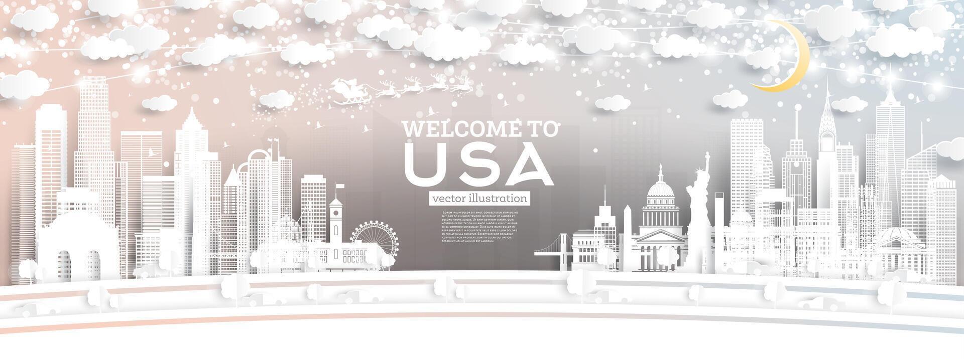 USA City Skyline in Paper Cut Style with Snowflakes, Moon and Neon Garland. Christmas and New Year Concept. Santa Claus on Sleigh. vector