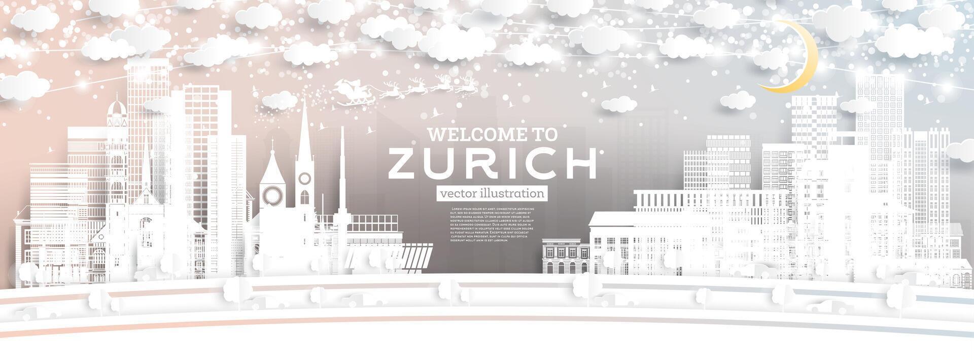 Zurich Switzerland city skyline in paper cut style with snowflakes, moon and neon garland. Christmas and new year concept. Santa Claus on sleigh. Zurich cityscape with landmarks. vector
