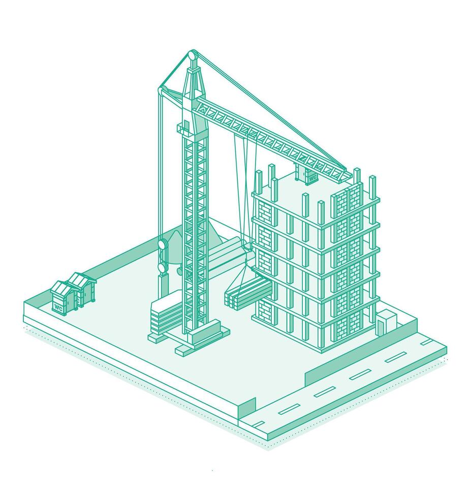 Construction site with crane and skyscraper. Process of building multi-storey building. Industrial technology. Outline style. Isometric monolithic frame building and tower crane. vector