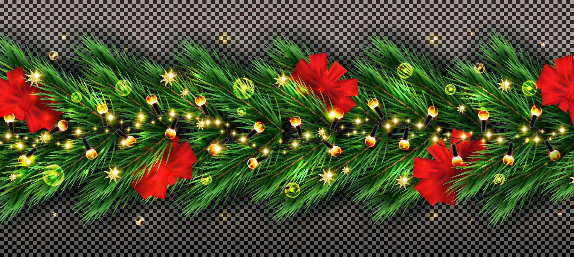 Holidays background with border of realistic looking christmas tree branches, red bows, golden stars and neon garland. Checkered background. Merry xmas border background. vector