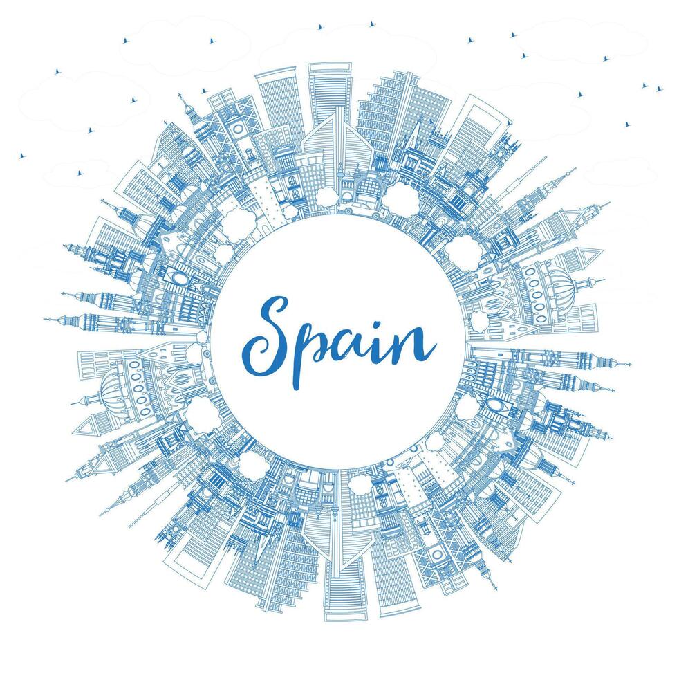 Outline Spain City Skyline with Blue Buildings and Copy Space. Modern and Historic Architecture. Spain Cityscape with Landmarks. Madrid. Barcelona. Valencia. Seville. Zaragoza. vector
