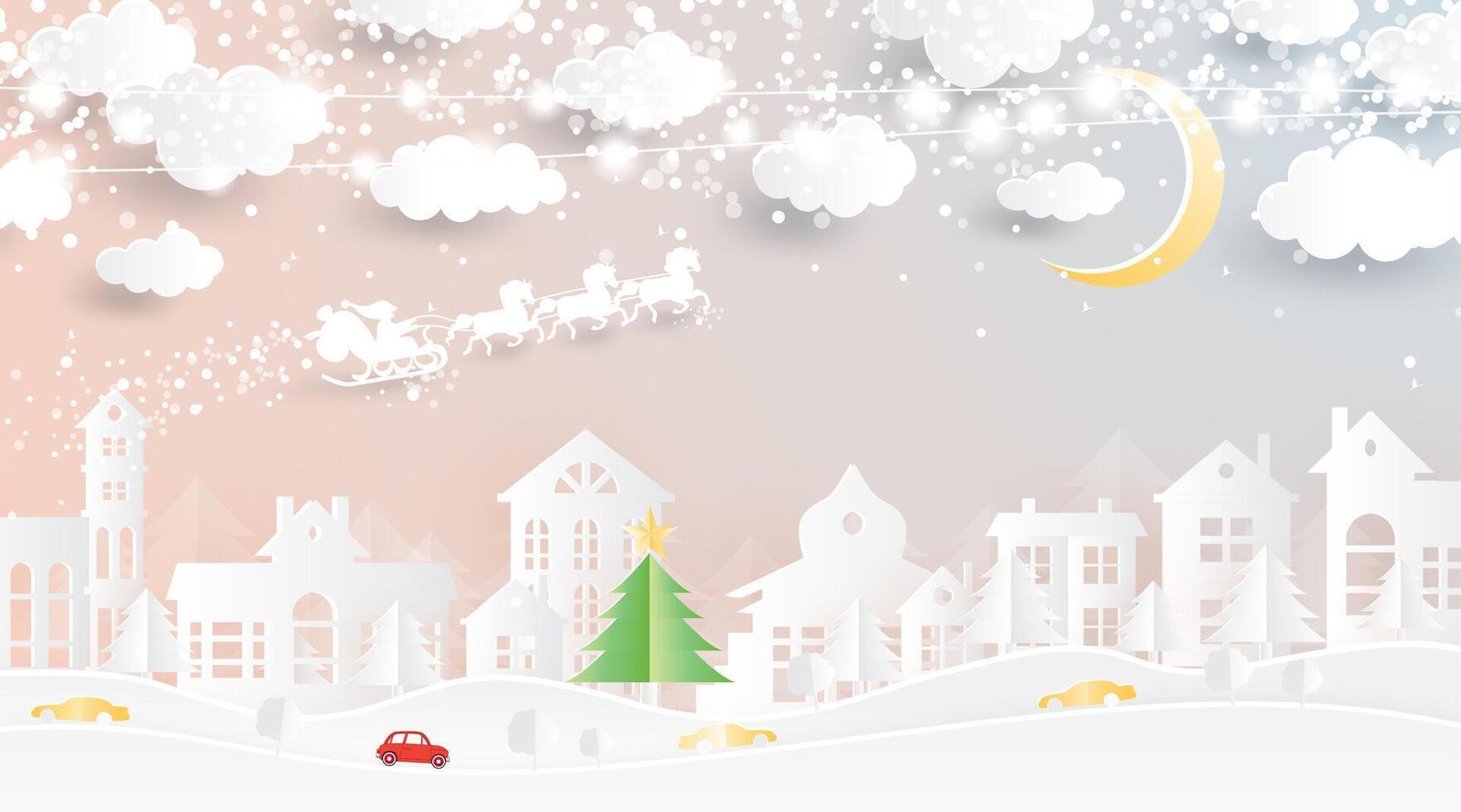 Christmas village in paper cut style. Winter landscape with moon and clouds. Merry christmas and happy new year. vector