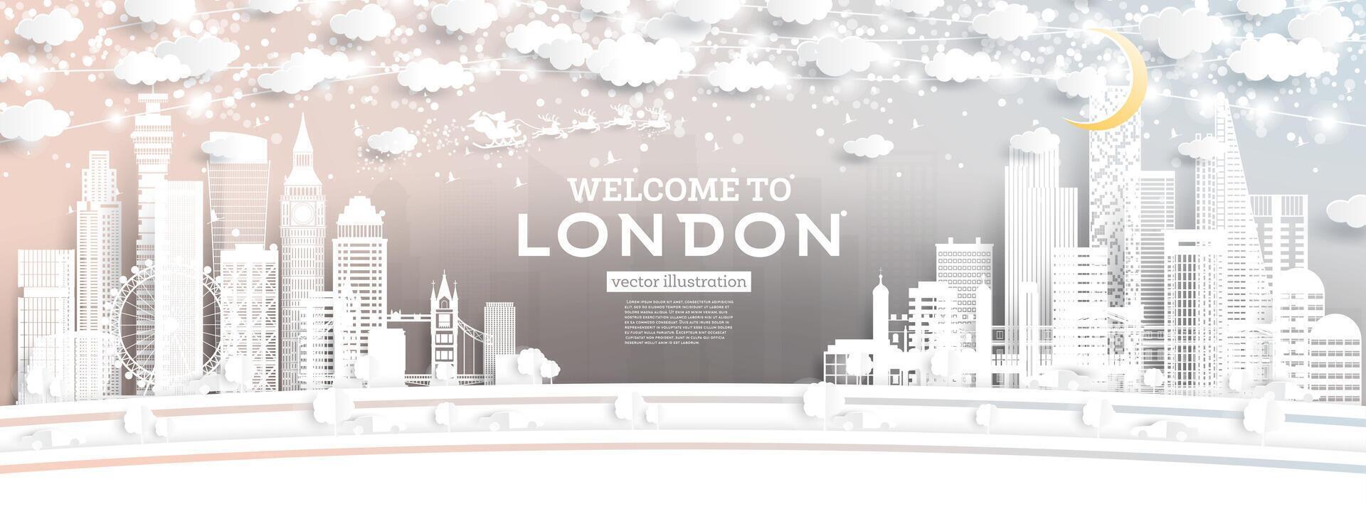 London UK City Skyline in Paper Cut Style with Snowflakes, Moon and Neon Garland. Christmas and New Year Concept. Santa Claus on Sleigh. London cityscape with landmarks. vector