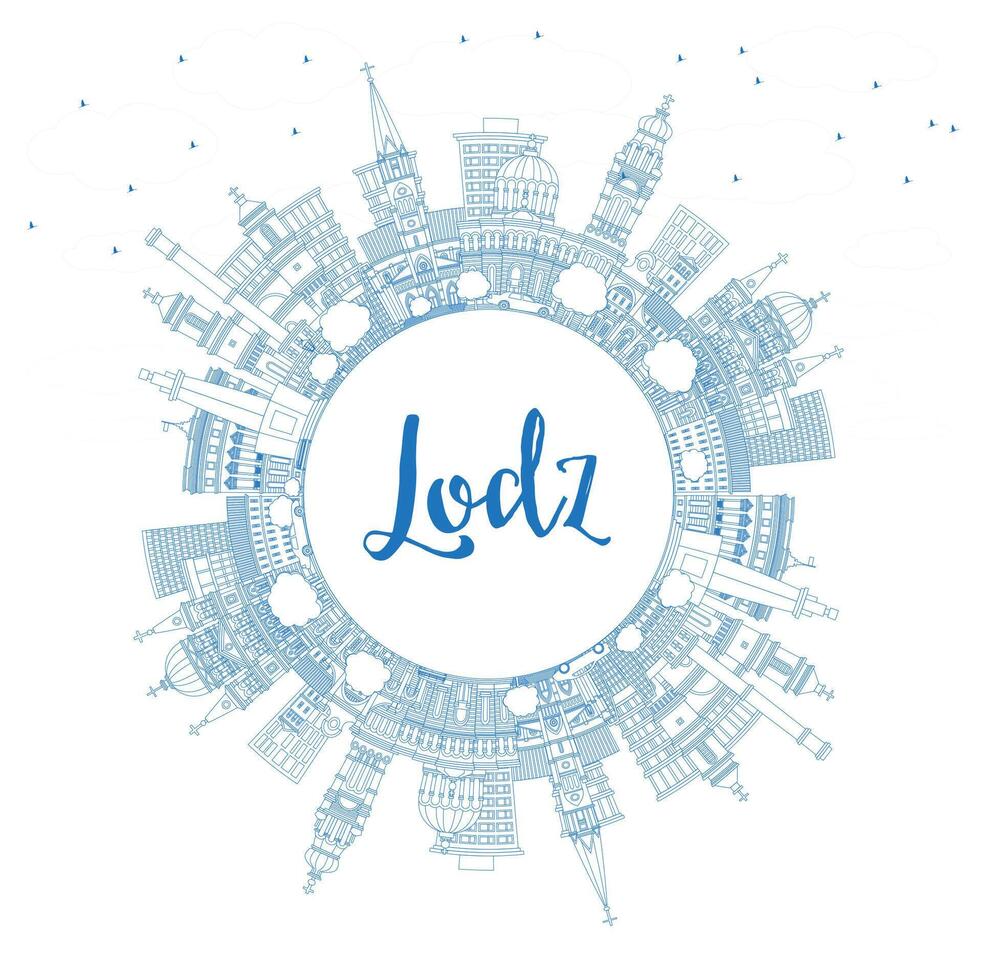 Outline Lodz Poland City Skyline with Blue Buildings and Copy Space. Lodz Cityscape with Landmarks. Business Travel and Tourism Concept with Historic Architecture. vector
