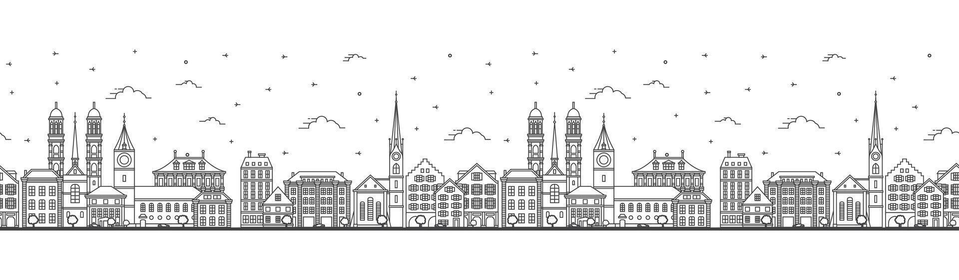 Seamless pattern with Outline Zurich Switzerland City Skyline with Historic Buildings Isolated on White. Zurich Cityscape with Landmarks. vector
