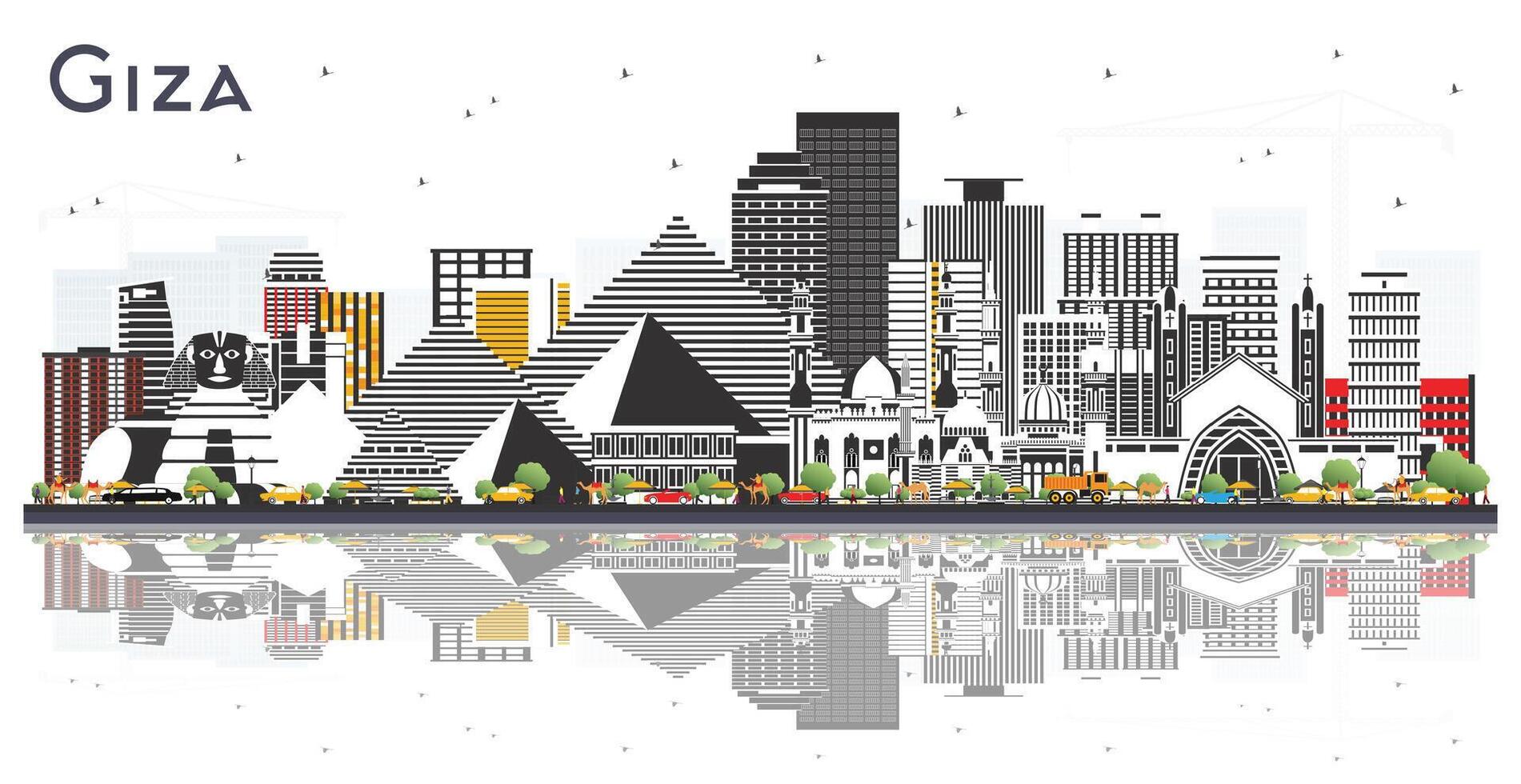 Giza Egypt City Skyline with Gray Buildings and reflections Isolated on White. Business Travel and Tourism Concept with Historic Architecture. Giza Cityscape with Famous Landmarks. vector