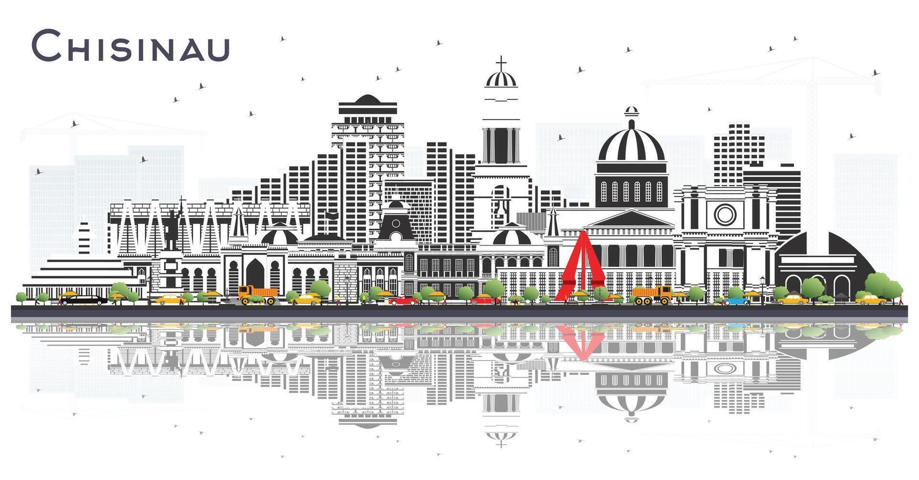 Chisinau Moldova City Skyline with Gray Buildings and reflections Isolated on White. Business Travel and Tourism Concept with Historic Architecture. Chisinau Cityscape with Landmarks. vector