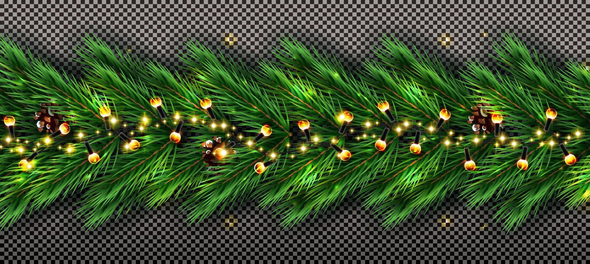 Holidays background with border of realistic looking christmas tree branches, cones and neon garland. Checkered background. Merry xmas decorate border background. vector