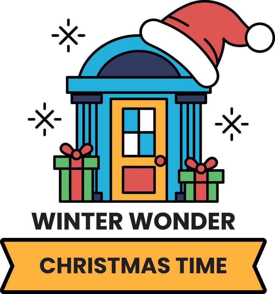 A Christmas time banner with a house and a hat on it vector
