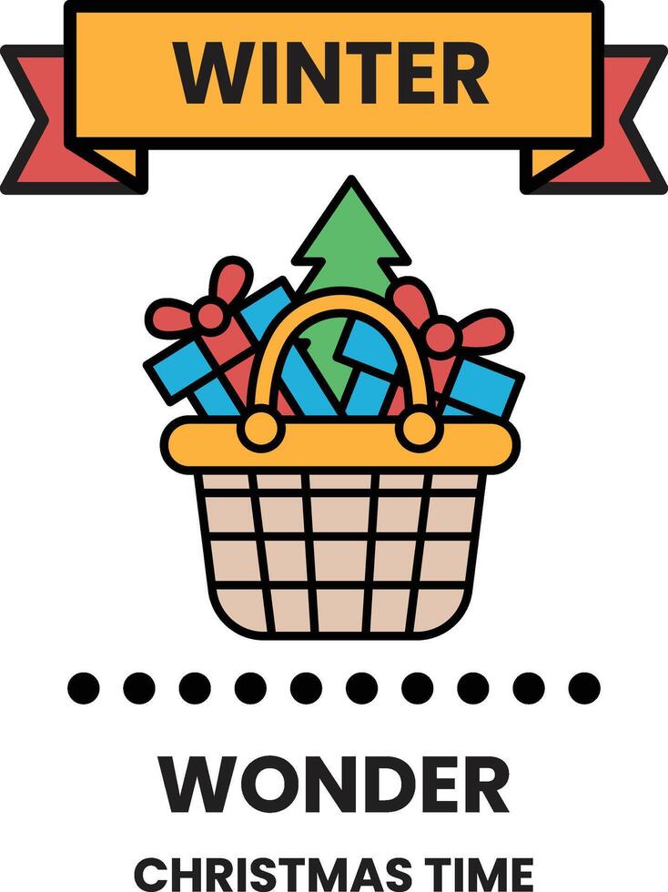 A basket full of presents with a banner that says Winter Wonder Christmas Time vector