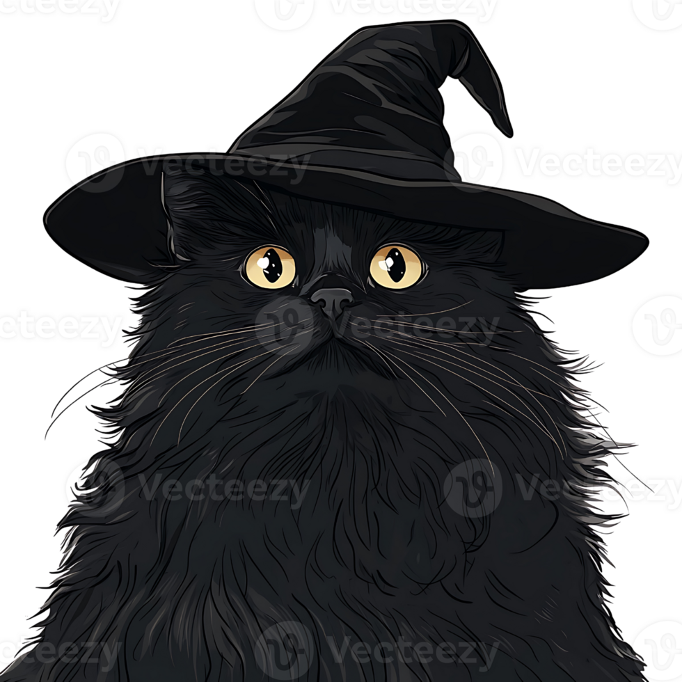 black cat wearing witch hat with expressive eyes and fluffy fur png