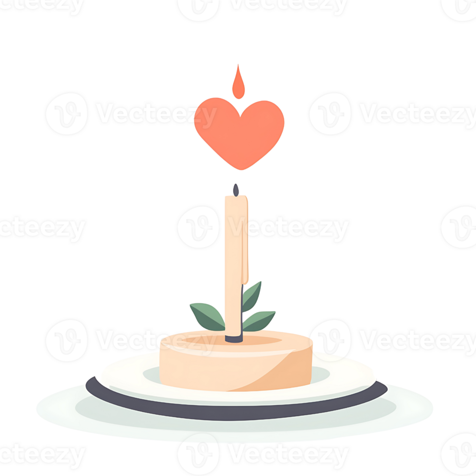 romantic candle on plate with heart shaped flame and leaves png