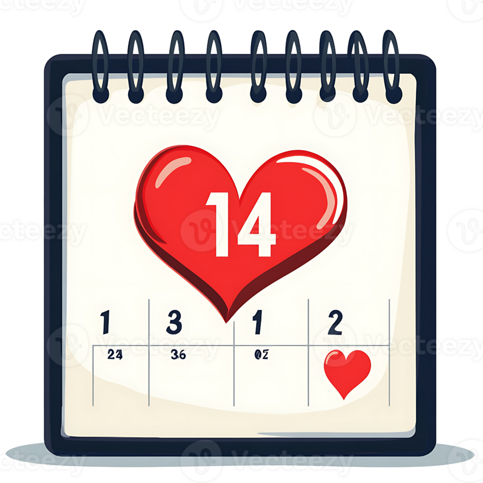 Valentine Day calendar with heart symbol and date 14 png