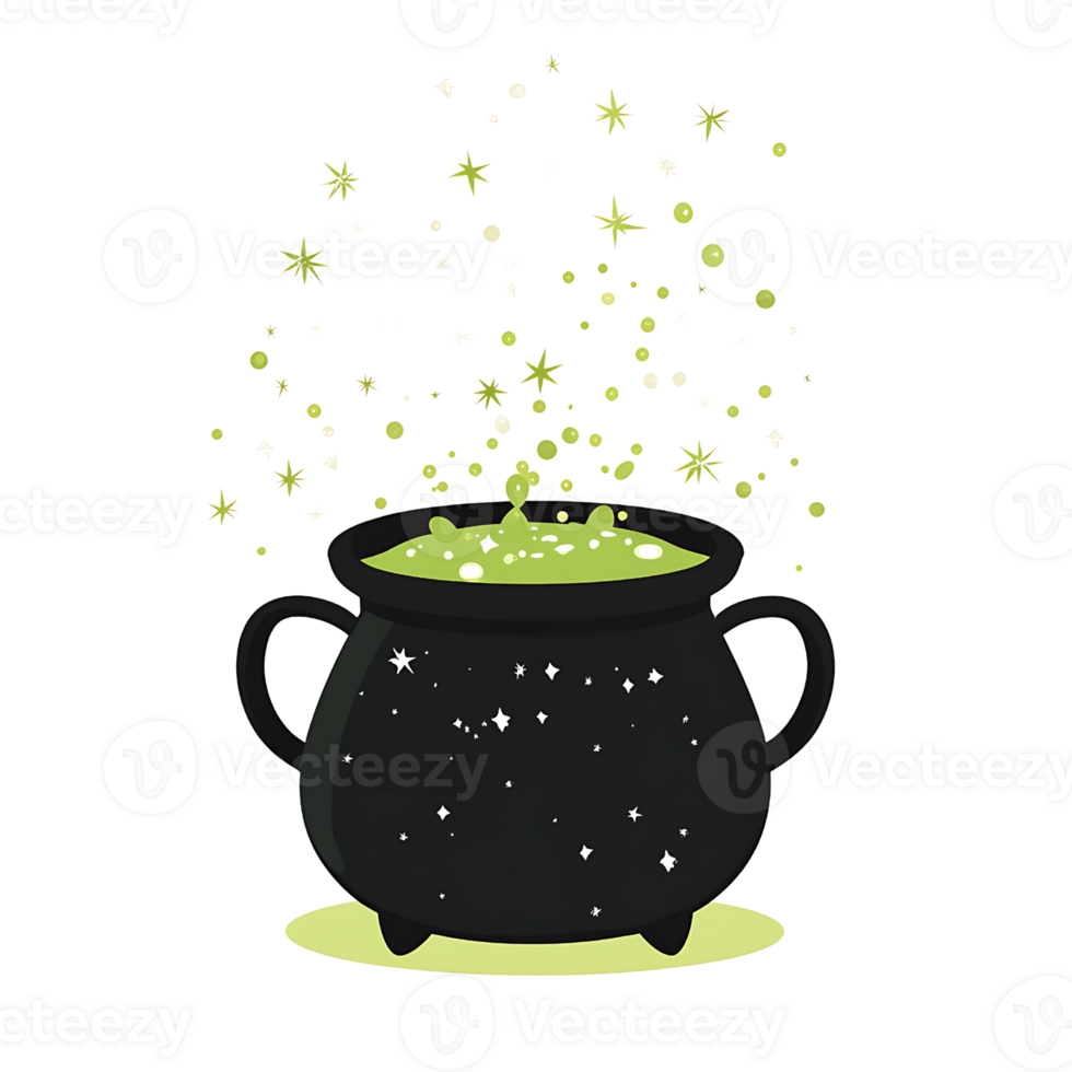 bubbling cauldron with green potion and magical sparkles floating above png