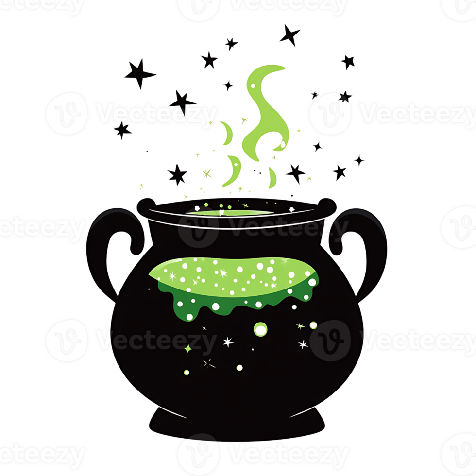 magical cauldron bubbling with green potion and stars floating above png