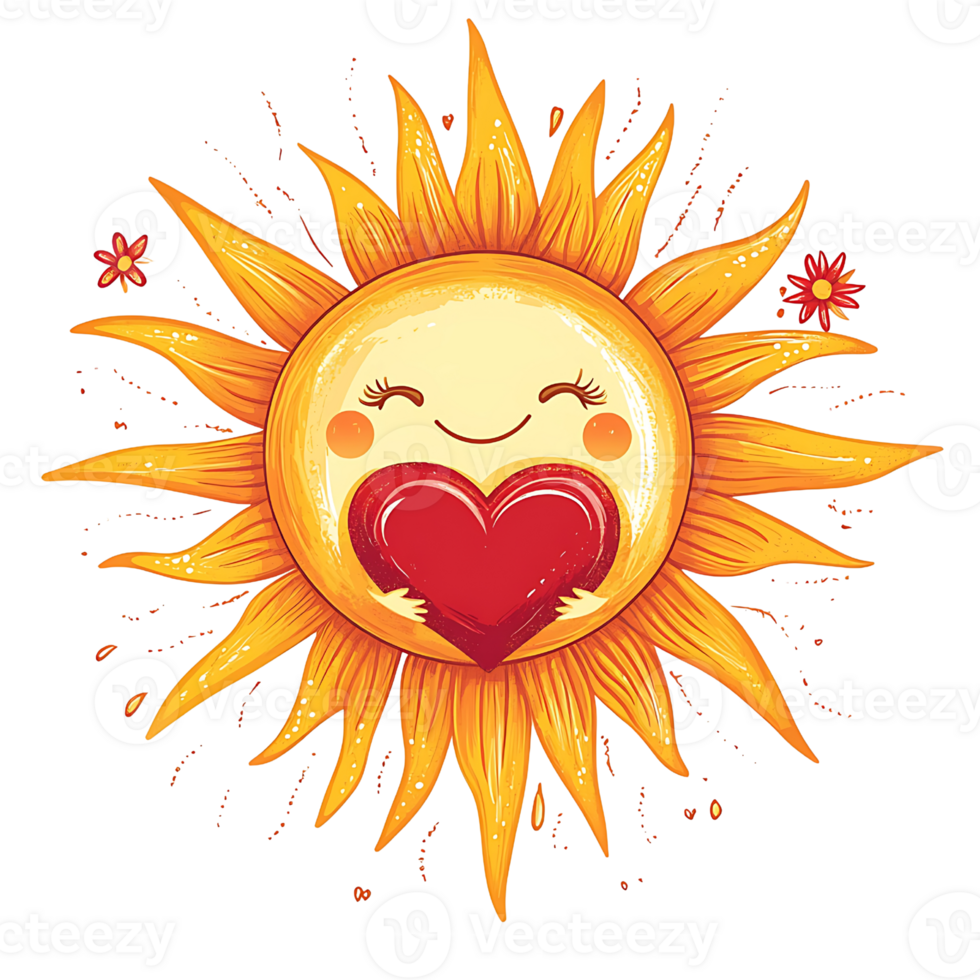 Happy sun character holding heart, surrounded by flowers and rays png