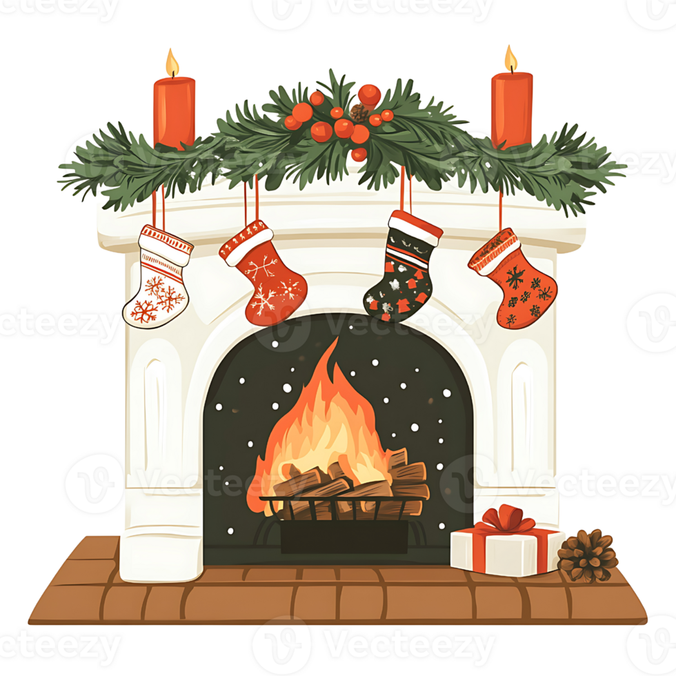 Cozy fireplace decorated for Christmas with stockings and candles png