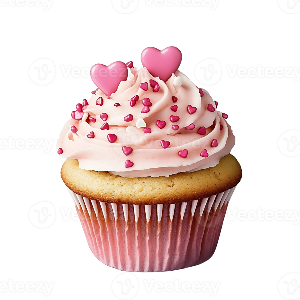 Delicious cupcake with pink frosting and heart sprinkles, perfect for celebrations png