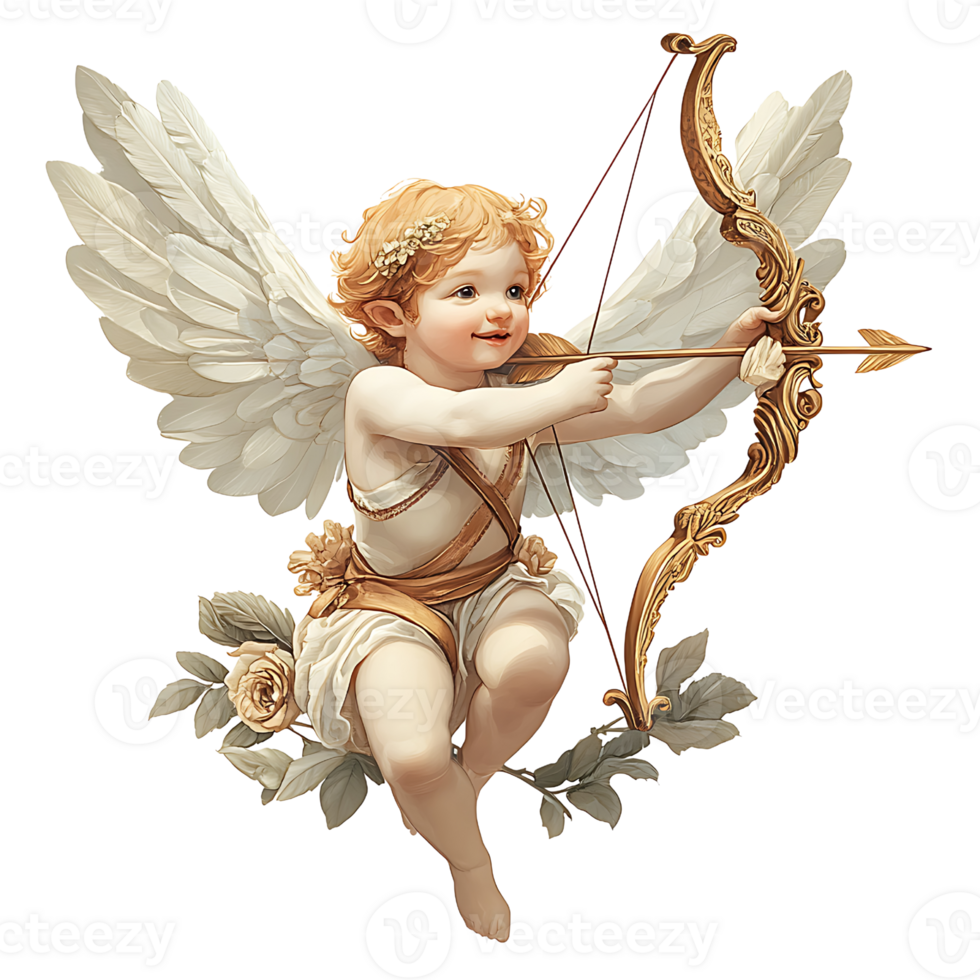 Charming angelic cherub with wings, bow, and arrow, symbolizing love and affection png