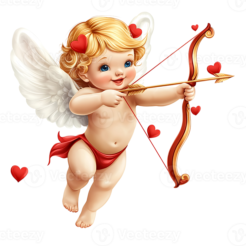 cute cherub with wings shooting arrows, surrounded by hearts png