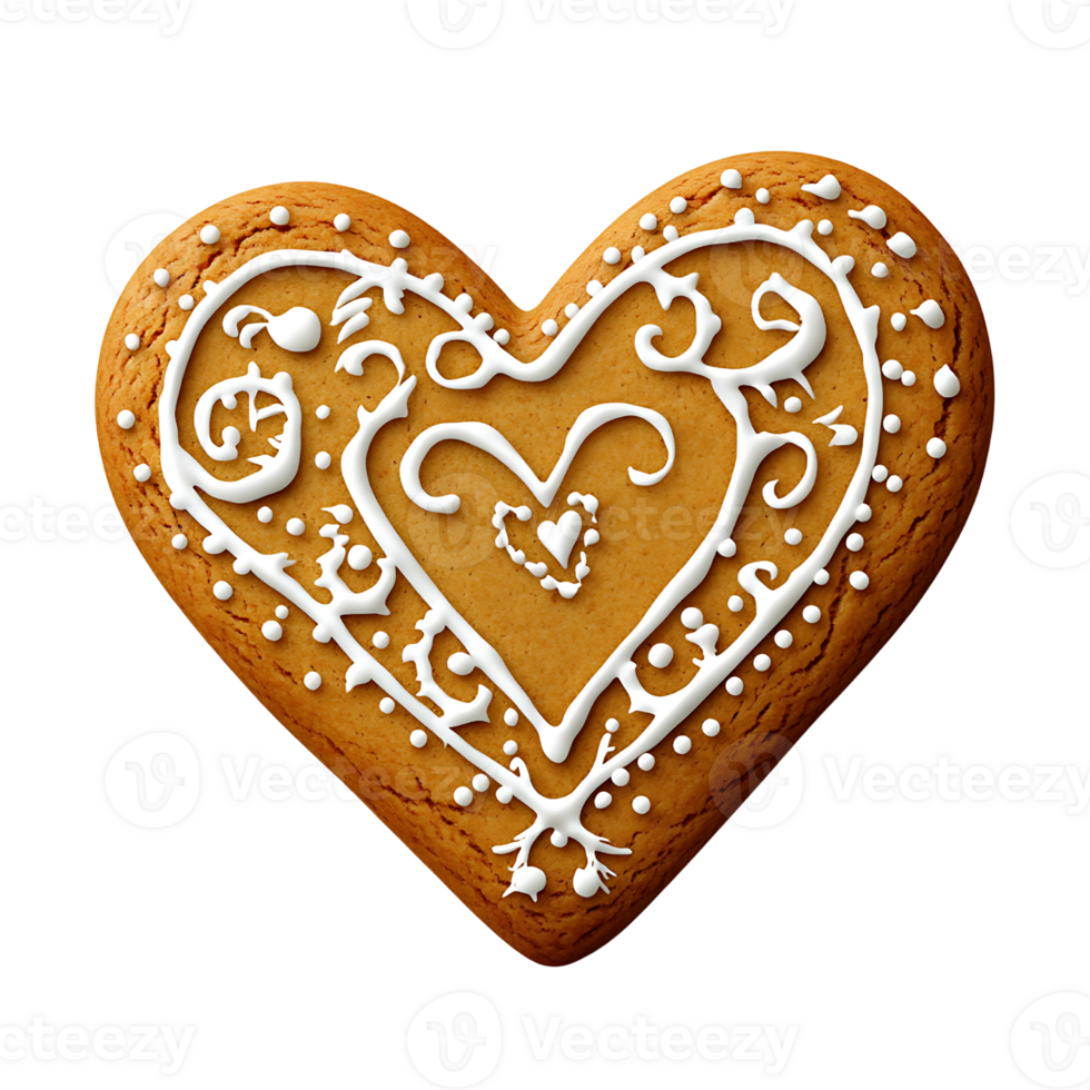 Gingerbread heart cookie decorated with white icing and intricate patterns png